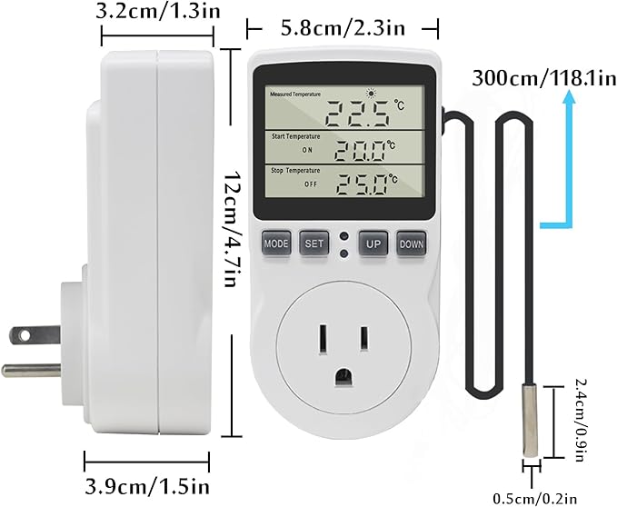 Digital Thermostat Outlet Plug Temperature Controller Outlet Socket 120V Heating Cooling Control 110V 15A Celsius Fahrenheit Display White