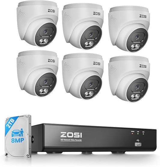 ZOSI C220 4K 8MP 8CH POE NVR Security Camera System (16CH Expandable), 6 x 8MP PoE IP Dome Cameras Outdoor Indoor, AI Human/Vehicle/Face Detection, Two-Way Talk, 100ft IR Night Vision, 2TB HDD