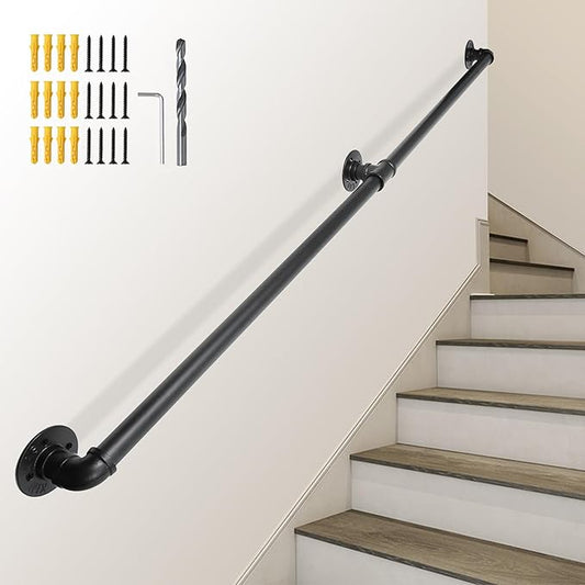 SCIEO 6.6FT Industrial Stair Handrail, Wall-Mounted Staircase Handrail for Indoor Outdoor Steps, Metal Pipe Stair Railing Galvanized Steell Hand Rail Non-Slip Grab Bar for Steps Stairs Porch Deck