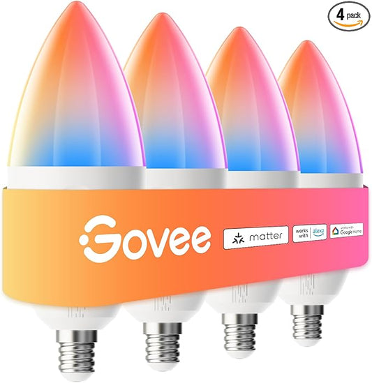 Govee E12 Led Bulb, Smart Light Bulbs Work with Matter, Alexa, Google Assistant, WiFi Candelabra Bulbs 40 Watt Equivalent, RGBWW Color Changing Light Bulb, 2.4Ghz Only, 450 LM, 4 Pack