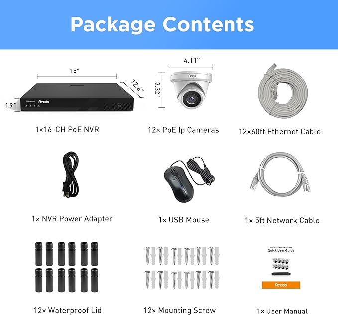 16 Channel Security Camera System 4K PoE, 12x 8MP Wired IP Turret Dome Camera with AI Human Vehicle Detection, Built-in Mic, Remote Access 24-7 Recording, 4K 16CH NVR 4TB HDD, PD93A1216-8M