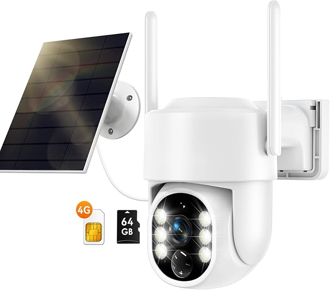 4G LTE Cellular Security Camera, No WiFi Security Camera Outdoor Wireless Solar Powered, Built-in SIM Card, 2K Color Night Vision, Human Detection Alerts, with 64G SD Card, 2-Way Audio, 360° Live View