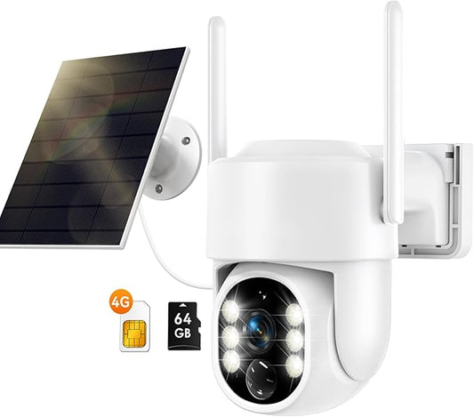 4G LTE Cellular Security Camera, No WiFi Security Camera Outdoor Wireless Solar Powered, Built-in SIM Card, 2K Color Night Vision, Human Detection Alerts, with 64G SD Card, 2-Way Audio, 360° Live View