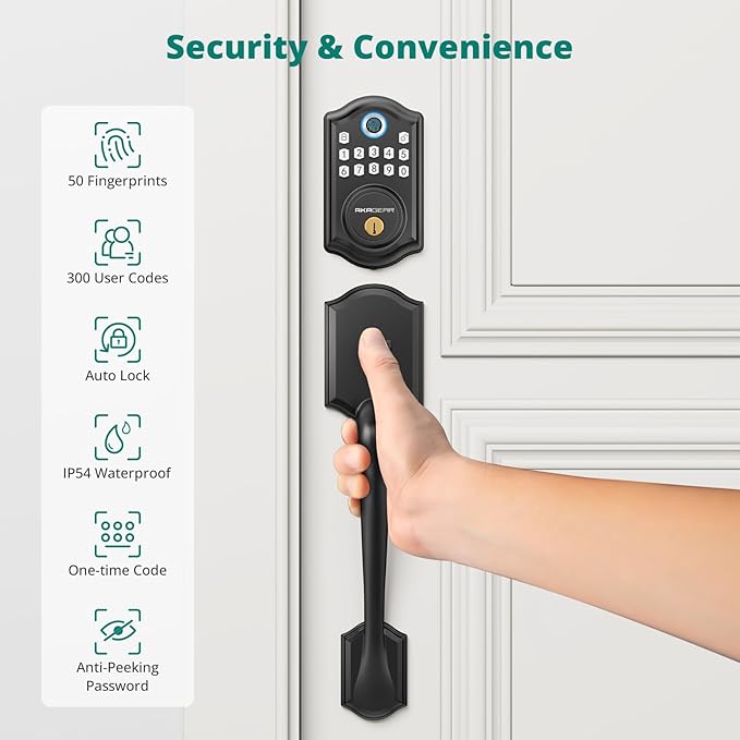 DS10 Keyless Entry Door Locks - Keypad Lock with Handle Set, Fingerprint Deadbolt, Smart Locks for Front Doors, Auto-Lock & One Touch Locking, 2 Keys, Easy Installation