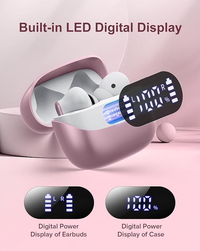 Wireless Earbuds, 42H Playtime Bluetooth 5.3 Headphones, HiFi Stereo Call Noise Cancelling Earbuds, IPX7 Waterproof Stereo in-Ear Earphones with LED Display for iOS Android (Elegant Rose Gold)