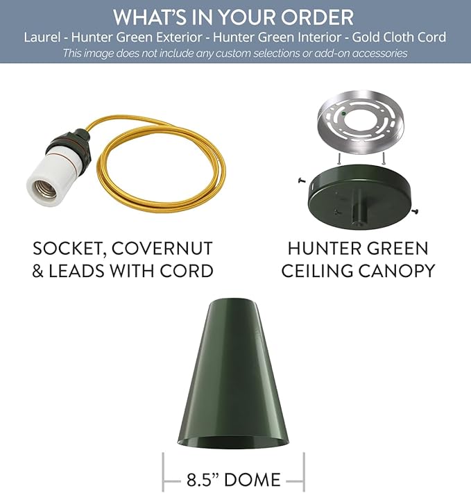 Steel Lighting Co. Laurel Pendant Light | Ceiling Mounted | 8.5 inch Cone Shade | Modern Contemporary Farmhouse Style Made in America | Gold Cloth Cord | Hunter Green Exterior/Interior