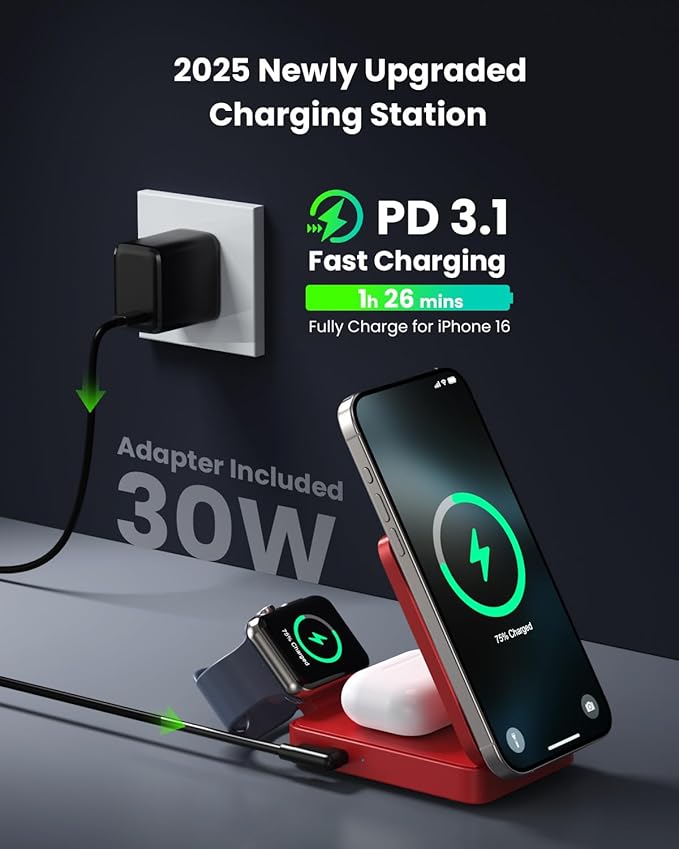 3-in-1 Wireless Charger Charging Station for iPhone, 15W Fast Charging Foldable Magnetic Charger Stand with 30W USB C Adapter for MagSafe iPhone 16/15/14/13/12, Apple Watch, AirPods