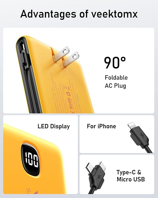 VEEKTOMX Portable Charger with Built in Cables 10000mAh, Power Bank for iPhone with Wall Plug, Travel Essential Fast Charging USB C Slim External Battery Pack for iPhone16/15/14, Samsung, iPad, etc
