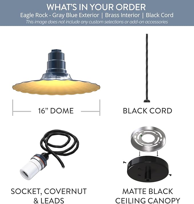 Steel Lighting Co. Eagle Rock Pendant | Ceiling Mounted Light | 16 inch Radial Wave | 4' Black Cord | Heavy Duty Steel Retro Farmhouse Style Made in America | Gray Blue Exterior/Brass Interior
