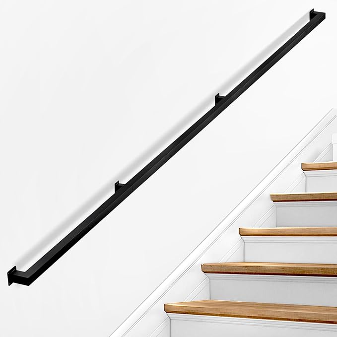 Stair Railing Indoor - Handrails for Stairs, 10ft Black Metal Staircase Hand Rails/Modern Wrought Iron Handrail, Industrial Wall Mounted Handrails Outdoor for Loft Porch Deck