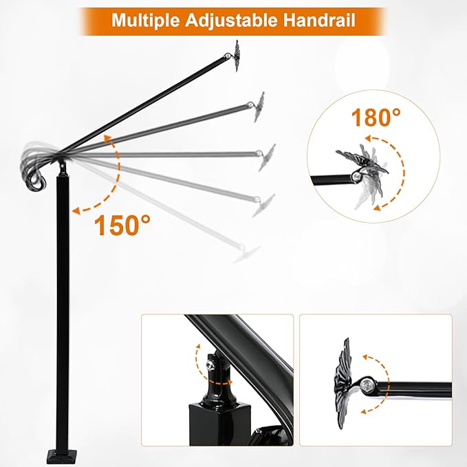 Adjustable Handrail 1-3 Step, Wall&Floor Mounted Wrought Iron Handrails, Handrails for Outdoor Steps, Stair Rail with Installation Kit Hand Rail, Black