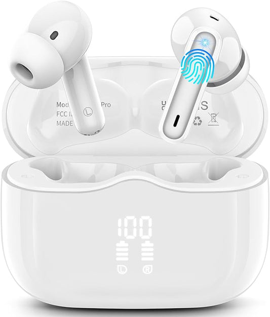Wireless Earbud, Bluetooth 5.3 Headphones Deep Bass with 4 HD Mics, Wireless Headphones in Ear 40H Playtime, Bluetooth Earphones with Light Weight, IP7 Waterproof Ear Buds for Android IOS, Snow White