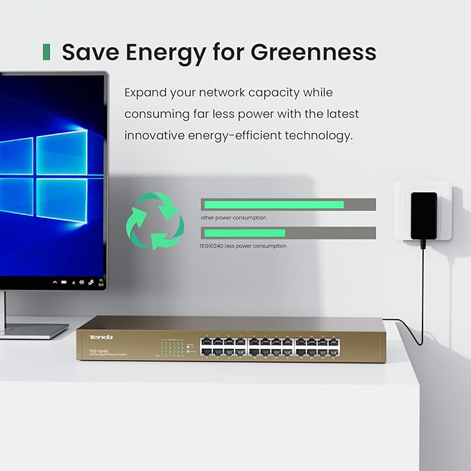 Tenda TEG1024G, 24 Port Gigabit Ethernet Unmanaged Switch, Network Hub, Ethernet Splitter, Plug & Play, Fanless Metal Design, Flexible Mounting, Limited Lifetime Protection