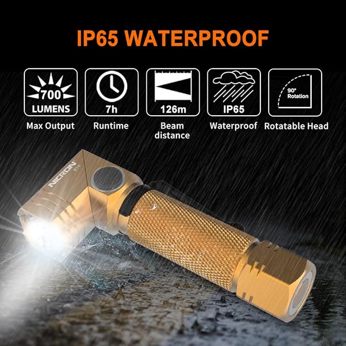 NICRON Flashlight, 700 Lumens 90 Degree Pocket Flashlight Rechargeable IP65 Waterproof 7 Modes for Camping, Outdoor, Hiking, Car Repairing, Gold