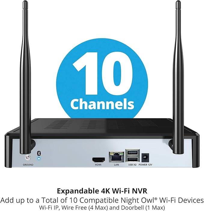 Night Owl 10 Channel Bluetooth Video Home Security Camera System with (4) Plug-in Wi-Fi 2K HD Indoor/Outdoor Spotlight Cameras with 2-Way Audio and 1TB Hard Drive (Expandable up to 10 Cameras)