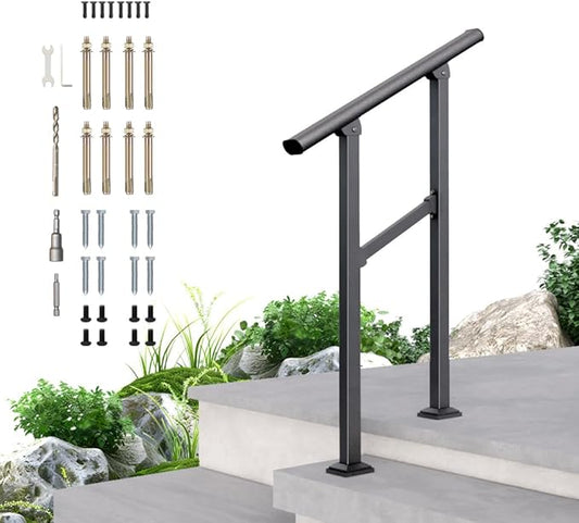 DIYHD 2 Step Handrail for Outdoor,Powder Coated Iron Stair Railing,Black Hand Rails for Indoor, Porch,Deck,1 Pack