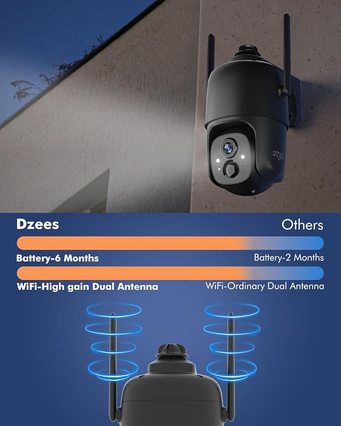 Dzees 360° PTZ WiFi Security Cameras Wireless Outdoor, 2K Battery Powered Home Security Camera Indoor, Spotlight & Siren, Color Night Vision, 2-Way Talk, AI Motion Detection, IP66, Cloud Stroage