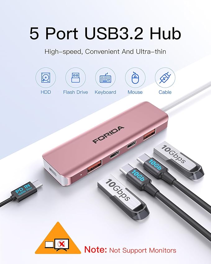 USB C Hub, 10Gbps USB 3.1 Adapter for MacBook, with 100W PD Charging, 2 USB C 3.1 10Gbps and 2 USB A 3.1 Data Ports, Compatible with Surface, XPS, Samsung, Dell and More (Rose Gold)