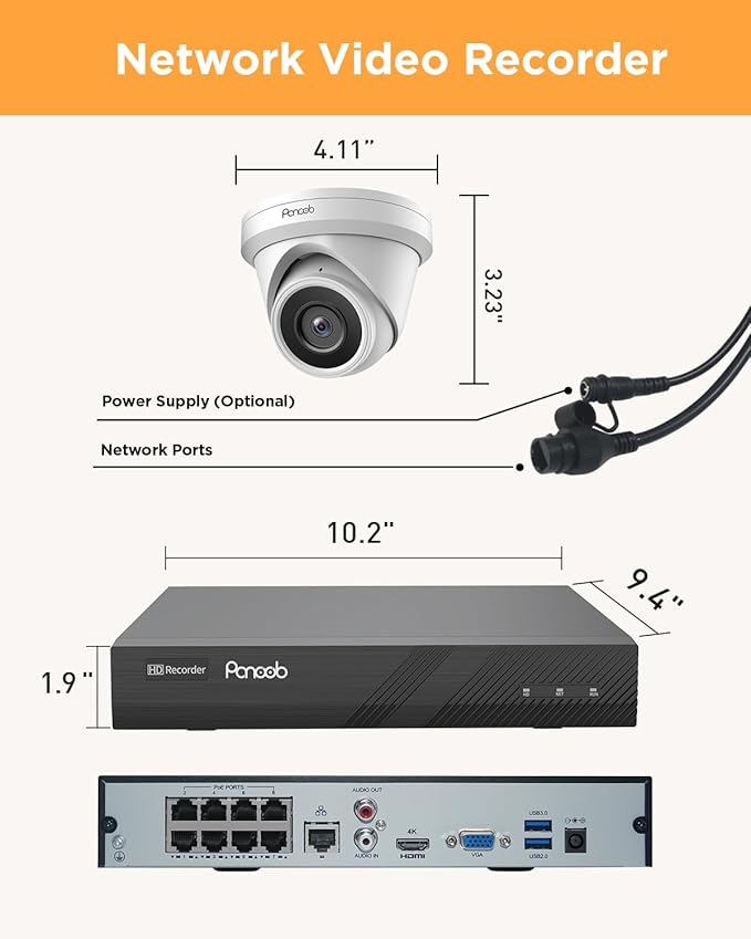 4 Camera Security System, 4X 5-Megapixel Wired IP Dome PoE Cameras Outdoor with AI Person Detection, Built-in Mic, Remote Access, 4K 8 Channel NVR 2TB HDD for 24-7 Recording, PD93A0408-5M