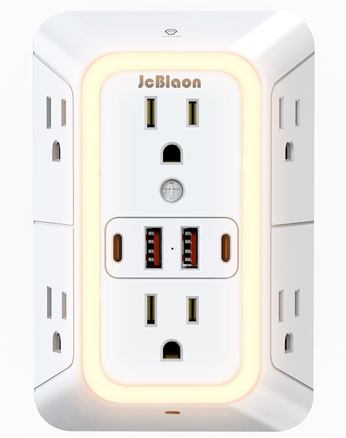 Wall Outlet Extender with Night Light, Power Plug Adapter 6 Outlet Extender with 4 USB Charging Ports 1050J Power Strip Multi Plug Adapter Spaced for Home Travel Office (2U2C)