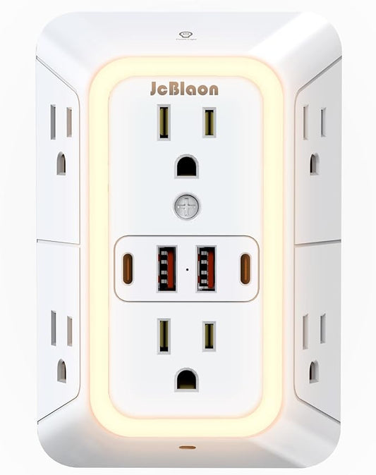 Wall Outlet Extender with Night Light, Power Plug Adapter 6 Outlet Extender with 4 USB Charging Ports 1050J Power Strip Multi Plug Adapter Spaced for Home Travel Office (2U2C)
