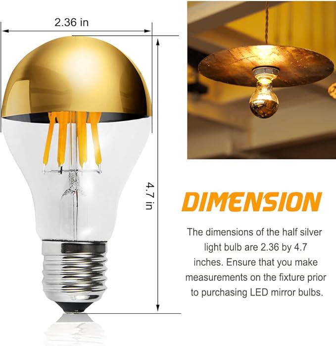 Half Gold Light Bulb, Dimmable 6W (Equivalent 60 Watt) Decorative LED Edison Bulb, A60/ A19 A Shape 2700K Warm White, Gold Tipped Mirror Light Bulb E26 Base Pack of 2