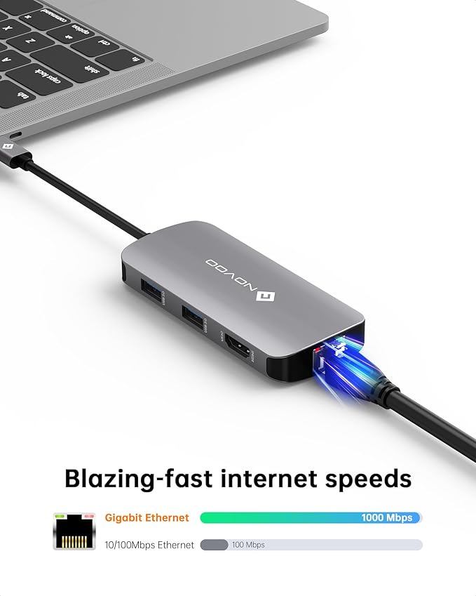 NOVOO USB C Hub Ethernet 4K@60 USB C HDMI Adapter Multiport Type C Adapter 4 USB 3.0 & USB2.0 Dongle 100W PD Dock Docking Station for MacBook Pro Air Apple iPad Pro Steam Deck Dell HP Lenovo 7-in-1