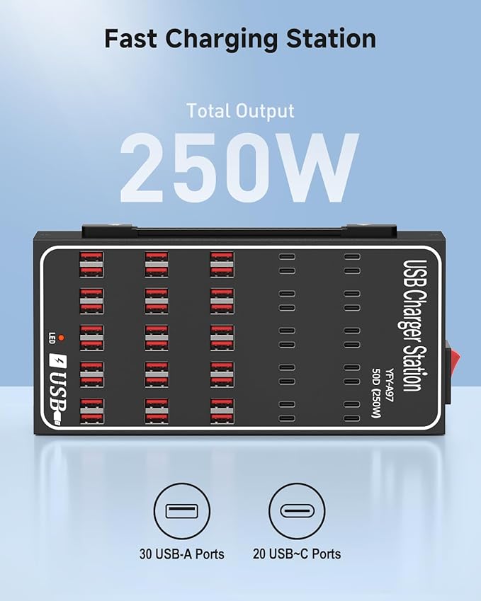 250W USB~c Charging Station, 50 Port (30 USB A & 20 USB~C Port) USB~C Charger Block, Fast Charging Station for Multiple Devices, Desktop USB Charger Compatible for iPhone, iPad, Tablets