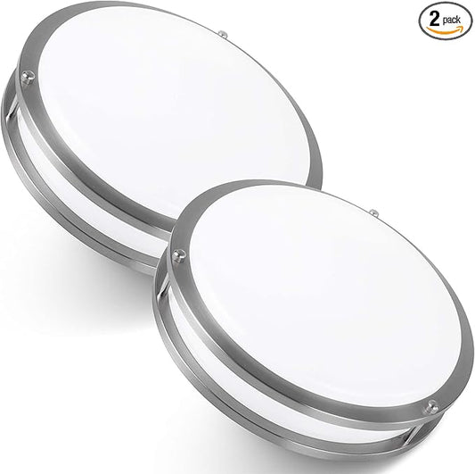 Flush Mount Ceiling Light, Double Ring, LED Lights, Light Fixture, 20W(95W Eq) 1400lm 4000K, Lights for Bedroom, Kitchen, Bathroom, Brushed Nickel, ETL- 2 Pack (12", Natural White)