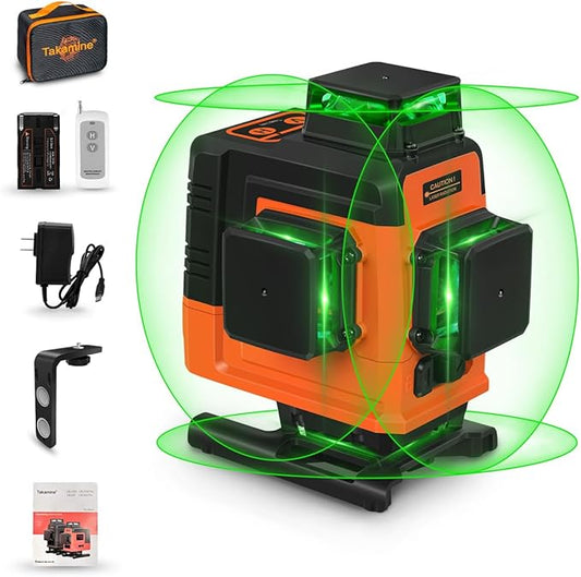 Takamine 16 Lines Laser Level Self Leveling 4x360° 4D Green Cross Line for Construction/Picture Hanging, Remote Controller, Rechargeable Li-ion battery, Magnetic Stand and portable bag