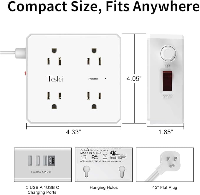 20 Ft Flat Extension Cord, Tcstei Ultra-Thin Flat Plug Surge Protector Power Strip, 3-Sided Outlet Extender, 8 AC Outlets and 4 USB Ports(1 USB C) for Home, Office, Dorm Room Essentials, ETL, White