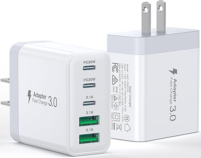 USB C Charger Block, [2-Pack] 50W 5-Port Fast Charger 20W Type C Charging Block 3.1A USB Wall Charger Dual Port PD+QC Charging Cube for iPhone 16 15 14 13 12 11 Pro Max XS, iPad, Samsung Phone, Tablet