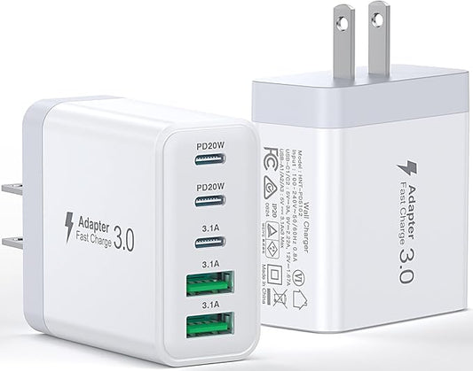 USB C Charger Block, [2-Pack] 50W 5-Port Fast Charger 20W Type C Charging Block 3.1A USB Wall Charger Dual Port PD+QC Charging Cube for iPhone 16 15 14 13 12 11 Pro Max XS, iPad, Samsung Phone, Tablet