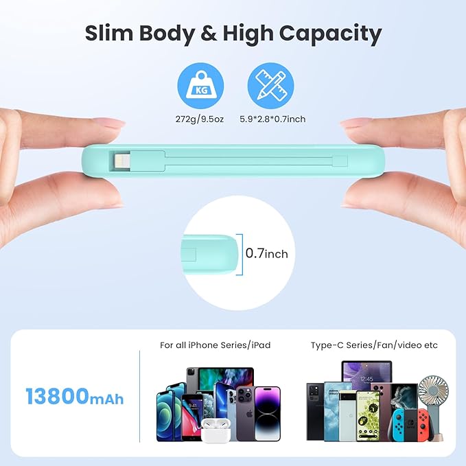 Portable Charger 13800mAh Slim USB C Power Bank with Built in Cables and Wall Plug,LCD Display Lightweight Travel Battery Pack,PD Fast Charging Compatible with iPhone 15,14,Samsung Android-Green