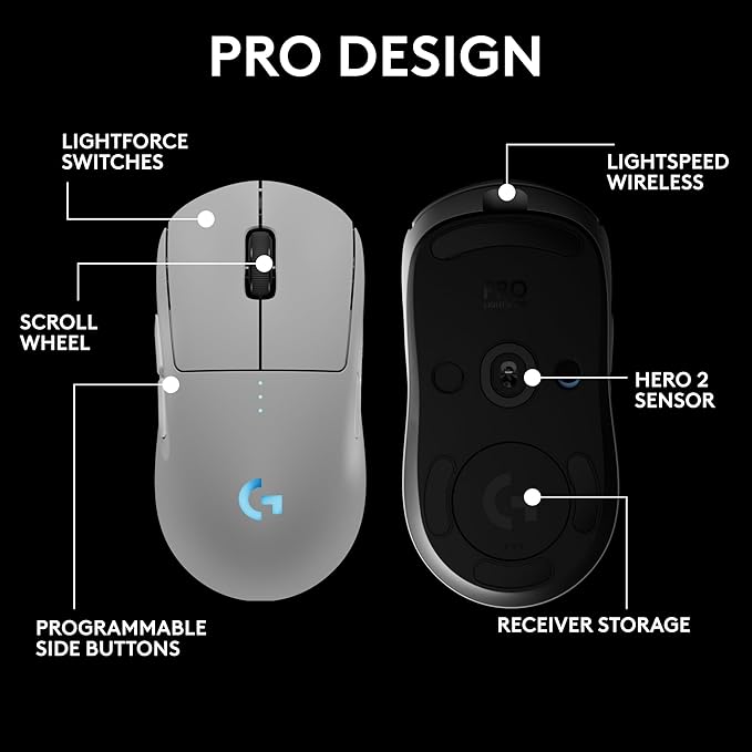 Logitech PRO 2 Lightspeed Wireless Gaming Mouse, White | Hero 2 Sensor, 44k DPI, 8 Programmable Buttons, LIGHTFORCE Switches, RGB Lighting, Lightweight, PC/Mac | with Signature Series Charging Dock