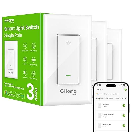GHome Smart Switch,Smart Wi-Fi Light Switch Compatible with Alexa and Google Assistant 2.4Ghz, Single-Pole,Neutral Wire Required,UL Certified,Remote/Voice Control, No Hub Required (3 Pack)
