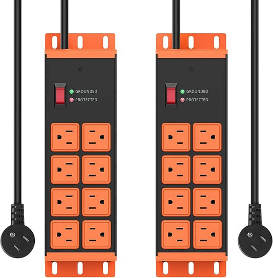 2 Pack Heavy Duty Power Strip 8 Outlets, Work Shop Outlet Strip Surge Protector 4800J, Industrial Metal 15Amp Power Strip, 6FT Extension Cord, ETL Listed