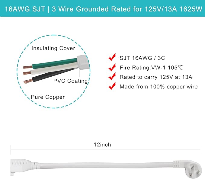 Short Flat Plug Extension Cord 1 Foot- Low Profile Right Angle Flat Plug 1FT Indoor AC Extension Cord White Short 3 Prong Grounded Extension Cord SJT 16AWG Heavy Duty Flexible Power Cord (2 Pack)