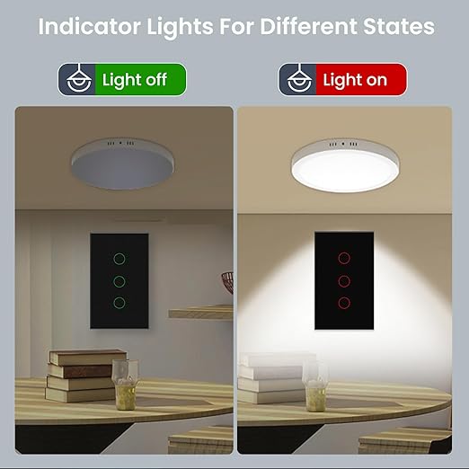 Light Switch No Neutral Wire,Single Live Wire Light Switch No WiFi,Tempered Glass Panel,Total Power Maximum 1000W,FCC Certification,Black 3 Gang