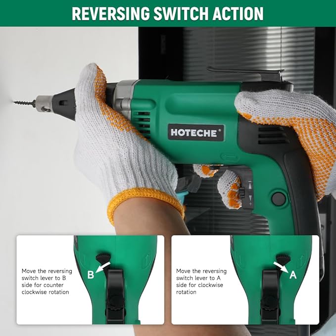 Hoteche 5-Amp Dry Wall Screw Driver, Electric Screwdriver with Variable Speed 0-4500 RPM, 1/4" Chuck, Forward & Reverse Switch with 6pcs Cr-V Bits