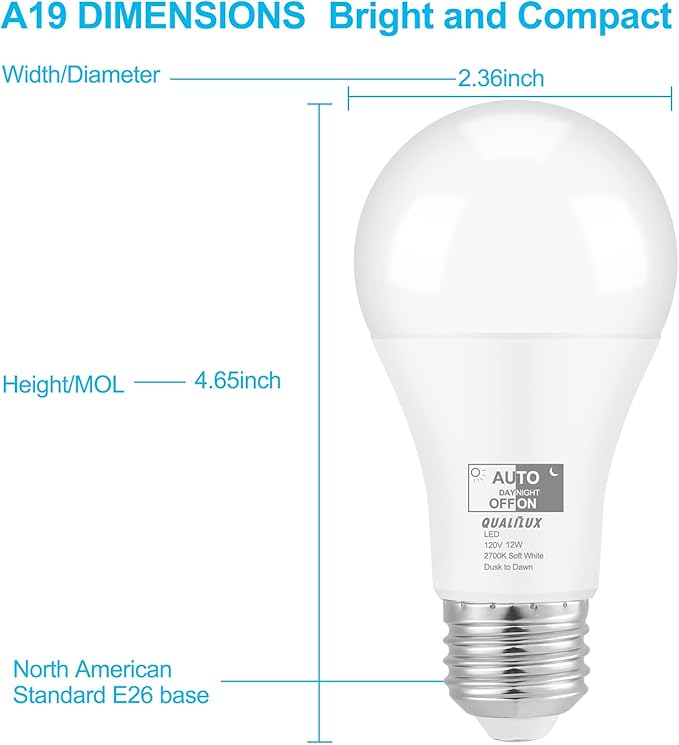 Dusk to Dawn Light Bulbs 1000 Lumen, Soft White, LED 12W, A19 E26, 4-Pack, HQ-H022