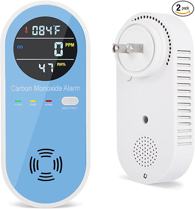 2 Packs Carbon Monoxide Detectors, 3in1 Carbon Monoxide Detector Plug in Wall, FLUNGSKY Travel Carbon Monoxide Detector with Temperature Humidity Display, Portable Carbon Monoxide Detectors for Home