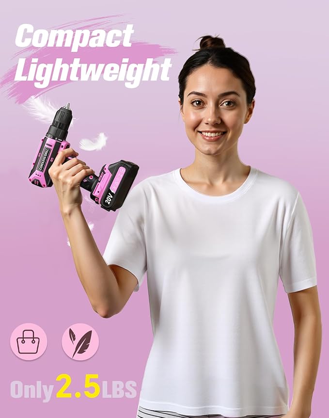 Pink Cordless Drill Set, 20V Max PowerDrill for Women, Lightweight ElectricDrill with Power Pack and Charger, 25 Position and 56 Pcs Accessoires, Womens Drill Tools Kit for House
