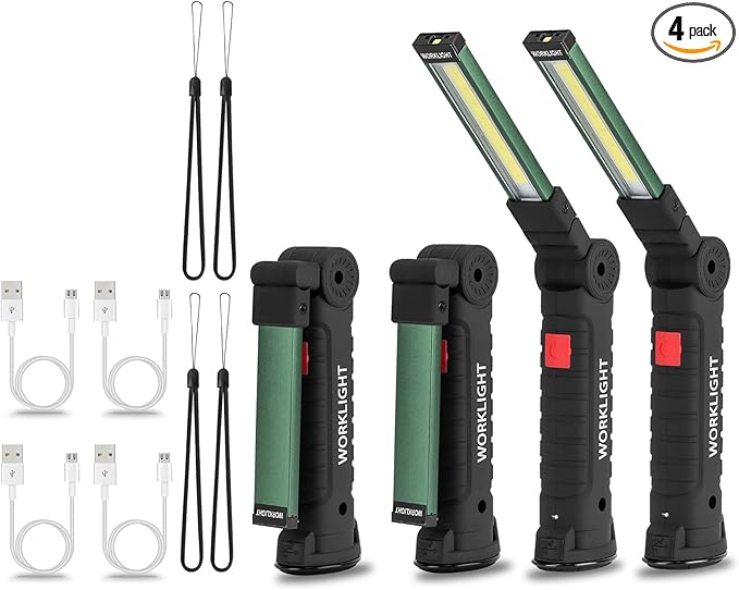 4 Pack LED Rechargeable Work Lights, Flashlight Hand Tools Mens Dad Birthday Gift Magnetic Worklight,360°Rotate 5 Modes Portable Inspection Torch for Mechanics,Automotive,Camping,Emergency