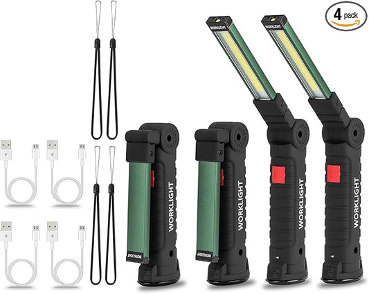 4 Pack LED Rechargeable Work Lights, Flashlight Hand Tools Mens Dad Birthday Gift Magnetic Worklight,360°Rotate 5 Modes Portable Inspection Torch for Mechanics,Automotive,Camping,Emergency