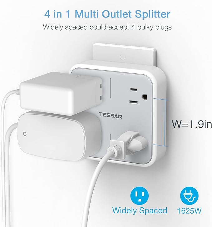 Multi Plug Outlet Splitter, TESSAN Widely Spaced Outlet Extender with 4 AC, Wall Plug Expander Surge Protector for Home, Office, Dorm Essentials