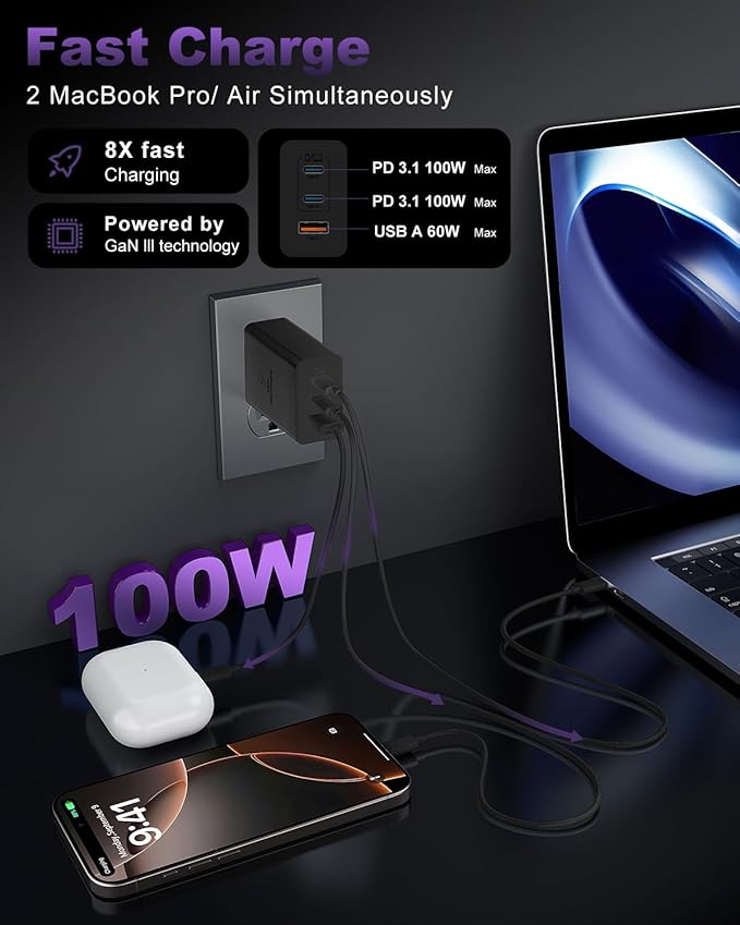 USB C Charger Block 100W, 3-Port GaN Super Fast Charger, Type C Wall Charger Adapter with 10ft USB C Charging Cable for MacBook Pro/Air,iPad Pro, iPhone 16/15Pro, Galaxy S24/S23 and More[2 Pack]-Black