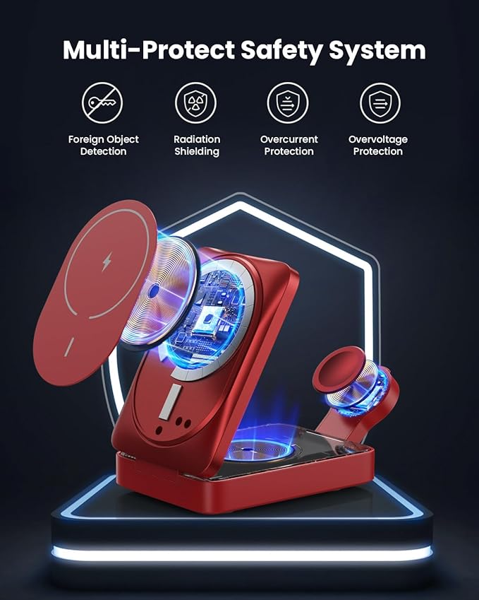 3-in-1 Wireless Charger Charging Station for iPhone, 15W Fast Charging Foldable Magnetic Charger Stand with 30W USB C Adapter for MagSafe iPhone 16/15/14/13/12, Apple Watch, AirPods