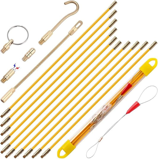 33' Fiberglass Running Electrical Wire Cable Pulling Fish Tape kit with 5 different attachments in a Carrying Case