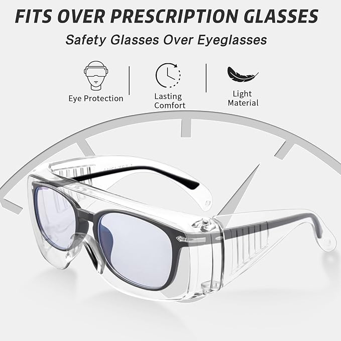 Safety Glasses Over Eyeglasses with Anti-Fog and Scratch Resistant ANSI Z87 Safety Goggles Over Glasses